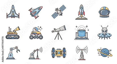 Space Exploration Technology Icons Set.