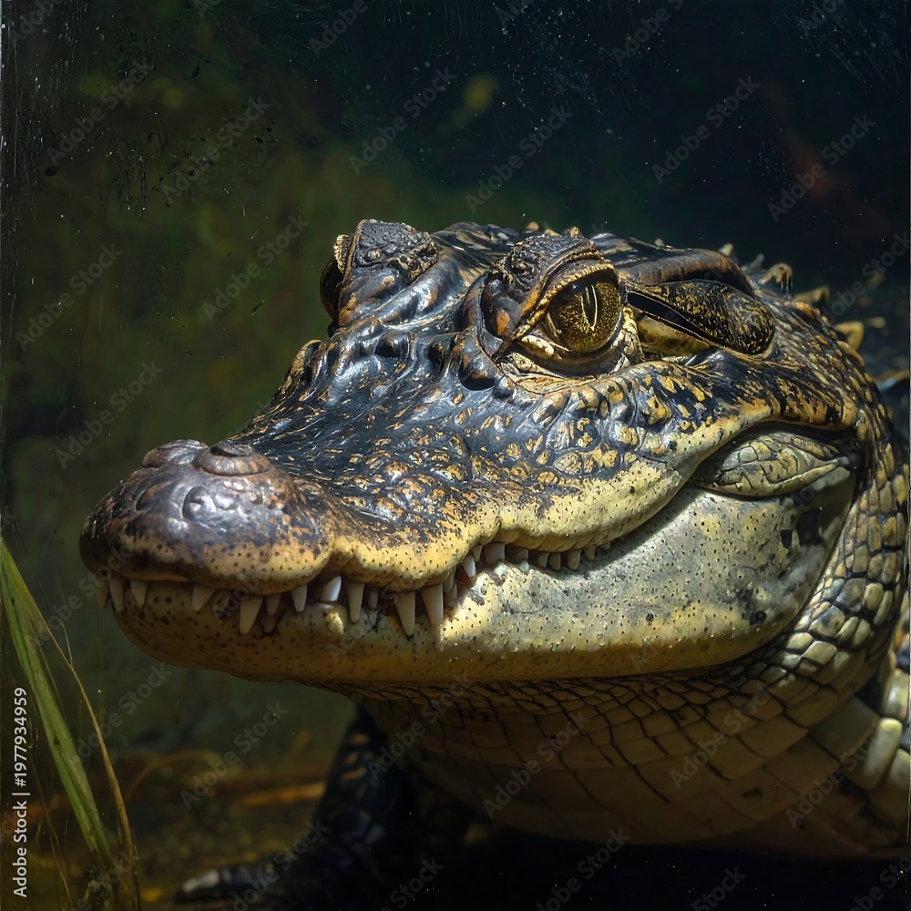 Obraz premium A close-up of a crocodile's head with a blurred green background