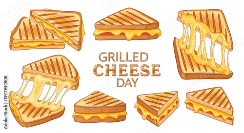 A whimsical vector illustration showcases various grilled cheese sandwiches with gooey, melted cheese on golden toasted bread, celebrating Grilled Cheese Day against a clean white