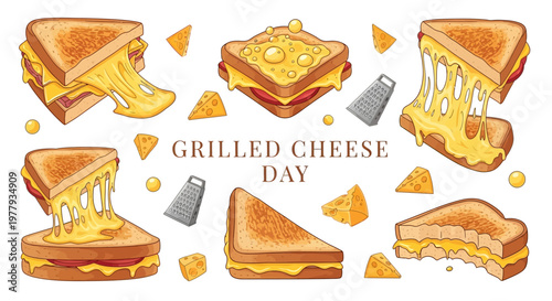 Vector illustrations featuring a food holiday celebration of grilled cheese day with various melted cheese sandwiches and crispy bread, set against a light background