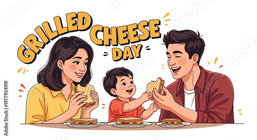Celebrating National Grilled Cheese Day, a vector illustration depicts a happy family enjoying homemade grilled cheese sandwiches at a table against a clean white background