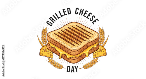 A vector illustration celebrating grilled cheese day features a close-up of a cheesy sandwich with golden toasted bread, surrounded by wheat stalks on a clean white background in a tasty