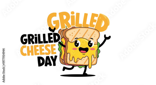 A vector illustration celebrates Grilled Cheese Day with a cartoon sandwich character cheerfully dancing, its melted cheese dripping, set against a clean white background, conveying a fun
