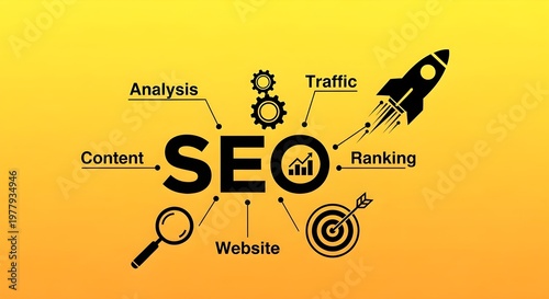 A vibrant yellow background features a comprehensive SEO diagram illustrating interconnected concepts like content, analysis, traffic, website, and ranking with a rocket taking off.