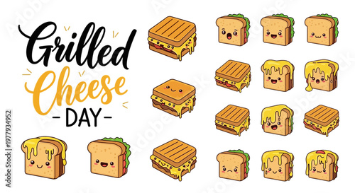 Cartoon vector illustrations celebrating Grilled Cheese Day feature a collection of cheesy sandwiches with smiley faces and dripping melted cheese, set against a clean white background