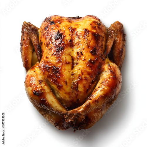 Studio shot of roasted whole chicken on white background, cutout ready for design