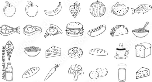 Food Icons Line Art Collection: Fruits, Veggies, Meats  Snacks