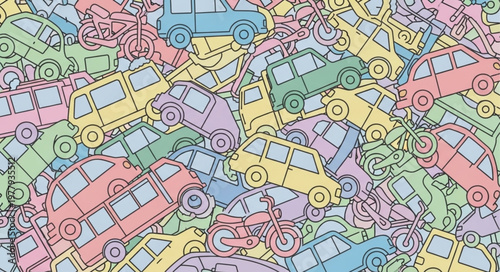 Colorful cartoon cars in a jumbled pattern.