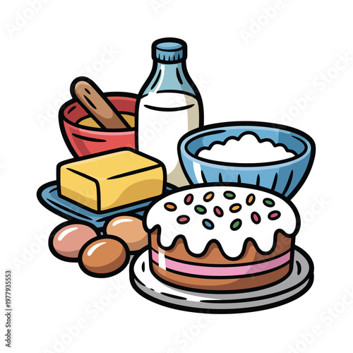 Baking ingredients including cake and milk are arranged for a simple culinary preparation task.