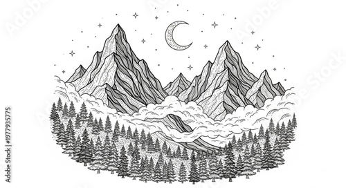 Majestic Mountain Range Under Crescent Moon with Dense Forest.
