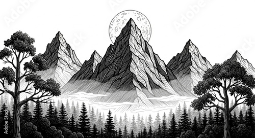 Monochromatic Mountain Range with Forest and Celestial Body Illustration.