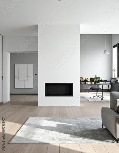 Modern Minimalist Living Room with Fireplace and Open Plan Design.