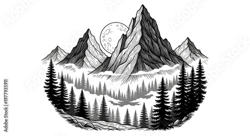 Monochromatic Mountain Range Landscape with Forest and Moon Illustration.