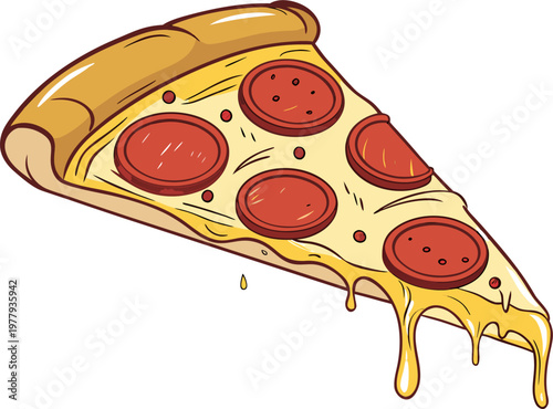 Classic Italian pizza slice vector with pepperoni topping and gooey cheese, isolated clipart.