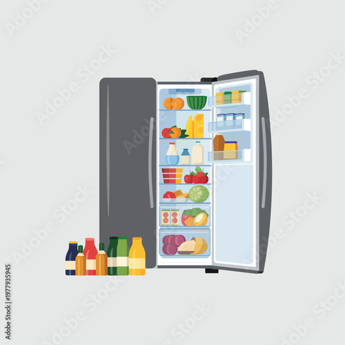 Refrigerator filled with fresh groceries sits open next to a collection of colorful juice.