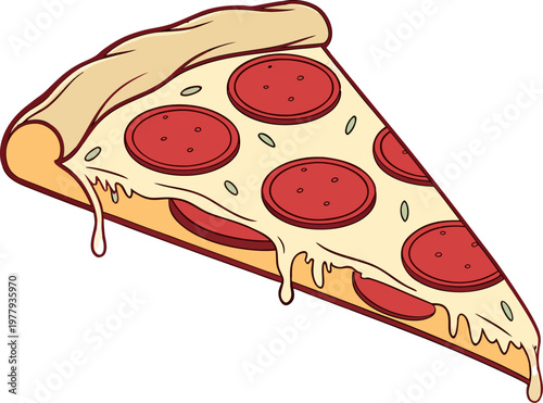 Pepperoni pizza slice vector with melted cheese and rich tomato sauce, isolated design element.