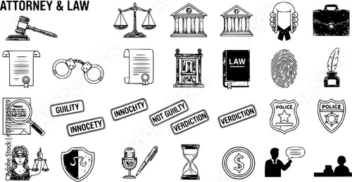 Attorney and Law Black and White Line Art Icon Set. Hand-drawn legal symbols collection featuring justice, court, crime, advocate, and police elements for legal concepts.