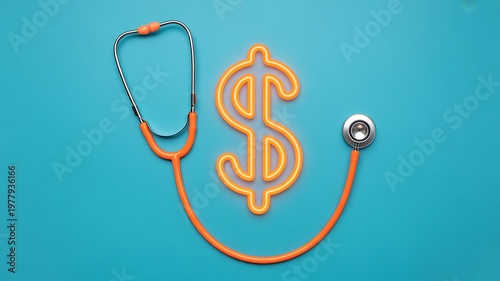 Healthcare costs, medical expenses, stethoscope, dollar sign, orange, blue background