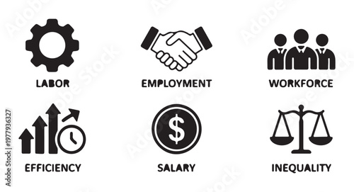 Industrial icons for labor, employment, workforce, efficiency, salary and inequality concepts.