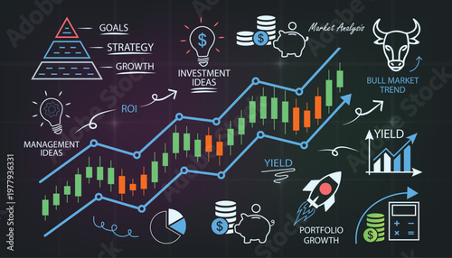 Stock market trading and financial investment infographic vector illustration with candlestick chart. Business strategy and portfolio growth concept with bull market trend and finance doodle icons.