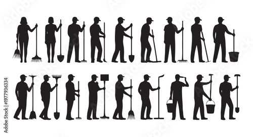 Set of silhouettes representing maintenance workers cleaners and janitors with various tools and equipment.