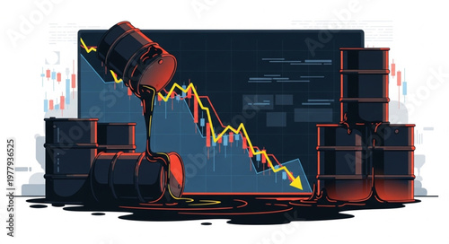 Oil barrels and falling stock market graph illustration.