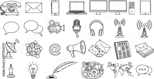 Hand-drawn Black and White Line Art Communication, Media, and Technology Icon Set with Internet, Digital, and Global Networking Symbols