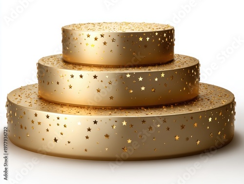 Golden three tiered podium stage platform with shimmering star confetti