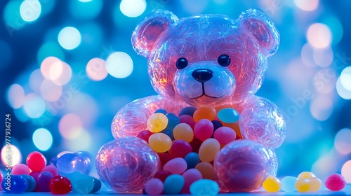 Transparent teddy bear filled with colorful jellybeans on blue lights background