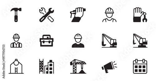 Construction site management icons depicting heavy machinery tool kits and professional safety personnel art.