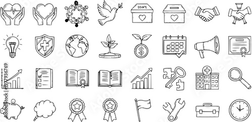 Hand-Drawn Black and White Line Art Icons Set for Charity, Non-profit, and Social Responsibility. Doodle Vector Symbols Collection of Community Support, Healthcare, Giving