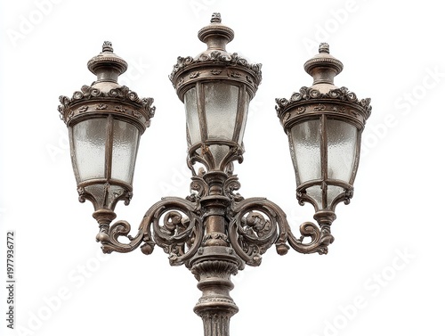 Vintage bronze triple street lamp post isolated against white background