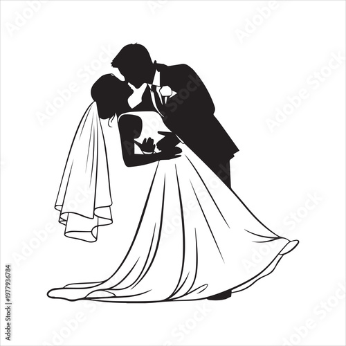 Romantic wedding silhouette of bride and groom kissing, elegant couple celebrating marriage, vector illustration for invitations and design