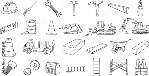 Black and White Line Art Vector Set of Construction Industry Tools, Heavy Equipment, Machinery, Building Materials, and Safety Gear Icons. Hand Drawn Outline Collection for Renovation