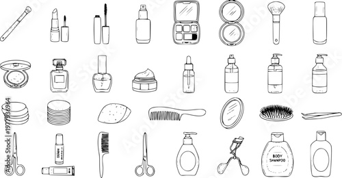 Black and White Line Art Hand-drawn Icons Set for Beauty, Cosmetics, Skincare, and Personal Care Products. Outline Doodle Collection of Makeup, Haircare, and Grooming Essentials.