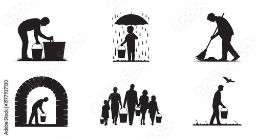 People collecting water and cleaning with brooms in different settings like rain and wells.