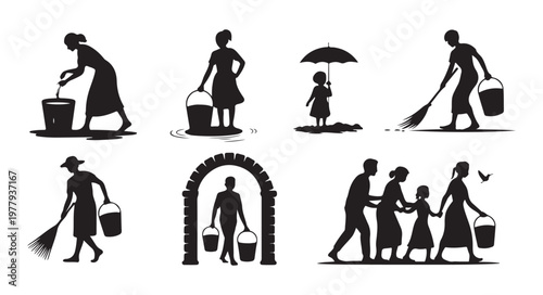 Women and children carrying water and cleaning with brooms in various outdoor scenarios.
