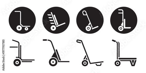Different types of hand trucks trolleys and dollies used for moving goods and materials.
