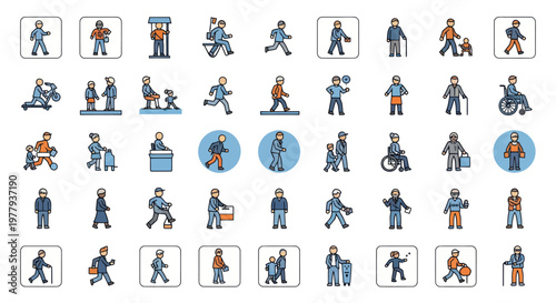 Diverse People Icons: Walking, Sitting, Wheelchair, Elderly, Children, Business