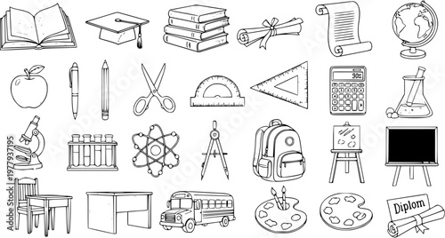 Education School Learning Supplies Line Art Icons Set. Hand Drawn Collection of Academic Objects and Classroom Tools in Black and White Outline Style.