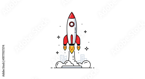 Cartoon rocket launching from city skyline with smoke and stars, flat design