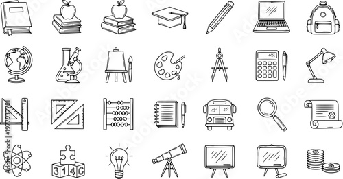 Education and School Line Art Icons Set. Hand-drawn Doodle Symbols for Learning, Academic Subjects, and School Supplies. Black and White Vector Illustrations.