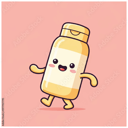 Cartoon vitamin pill character smiling happy.