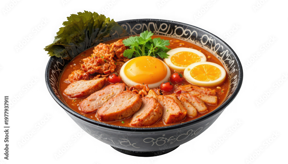 Fototapeta premium A steaming bowl of spicy ramen with sliced meat and boiled eggs on a black background