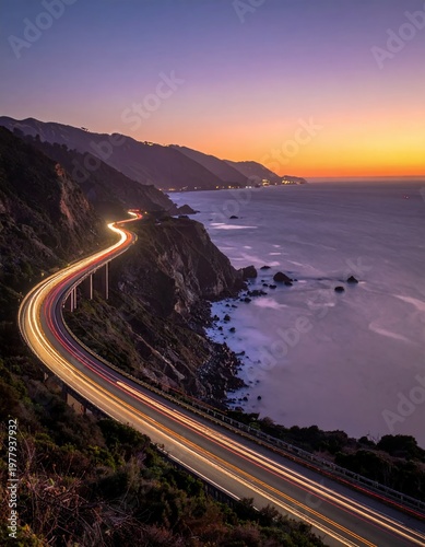 Stunning Sunset Over Big Sur Coastline with Winding Highway and Car Light Trails.