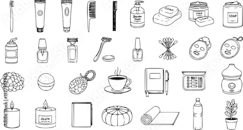Self-Care  Beauty Products Doodle Collection. Hand-drawn Black and White Line Art Set of Spa, Wellness, Personal Hygiene Items, and Relaxation Essentials.