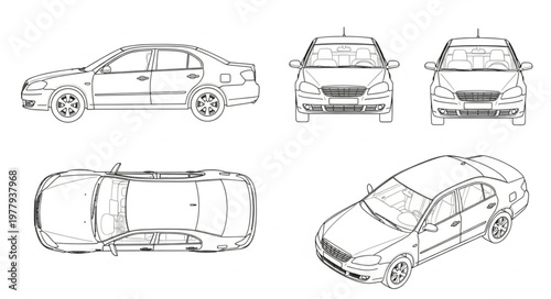 Car blueprint technical drawing set multiple views.