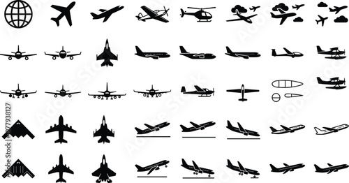 Big collection of black vector airplane silhouettes and diverse aviation icons including commercial jets helicopters and take-off sequences isolated on white background for travel design