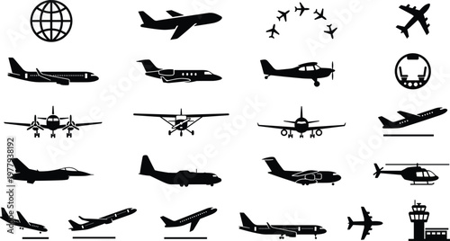 Big collection of black vector airplane silhouettes and aviation icons including airport control tower helicopters and flight sequences isolated on white background for travel design