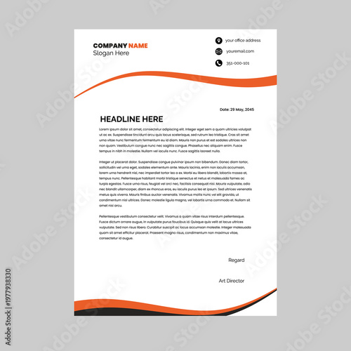Professional letterhead featuring clean orange wave accents. Ideal for corporate identity, business letters, and official stationery with a minimalist, modern aesthetic.